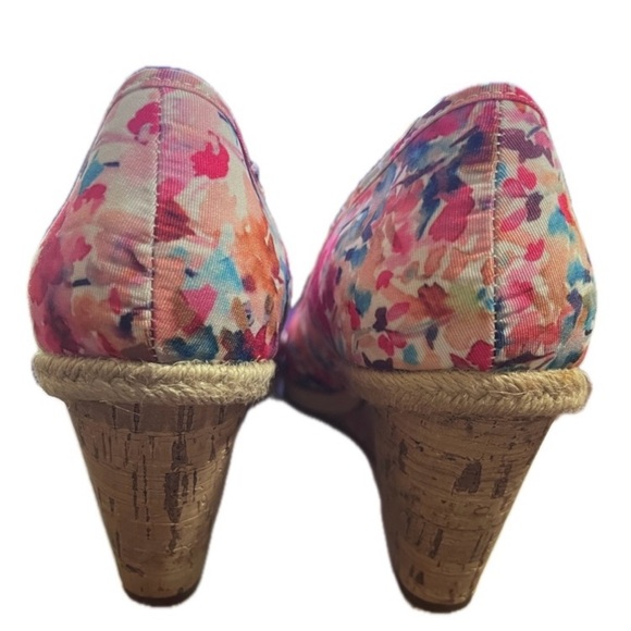Life Stride Pink White Blue Floral Watercolor Cork Wedge Slip On High Heels 10M - Picture 9 of 14